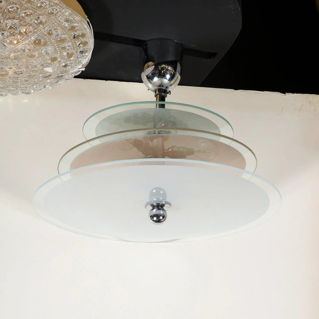 Art Deco 1930s Art Deco Machine Age Three-Tier Chandelier in Frosted Copper and Glass For Sale - Image 3 of 11