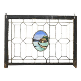 Antique Arts & Crafts Leaded & Stained Glass Window With Country Road Circa 1910 For Sale