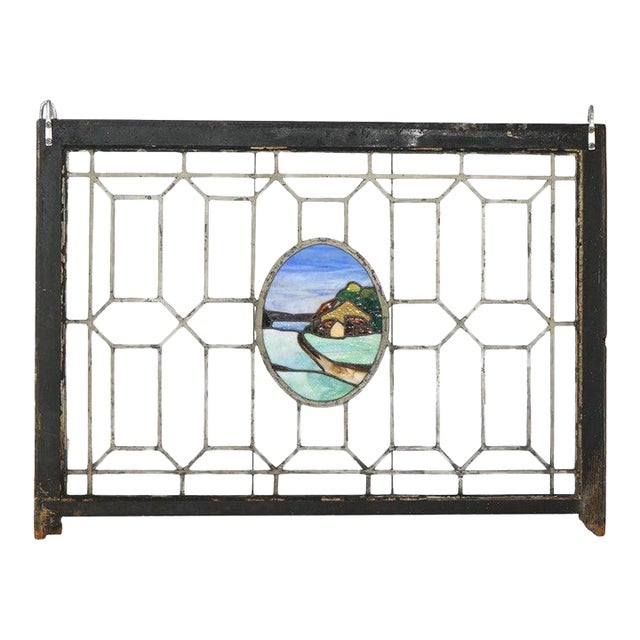 Antique Arts & Crafts Leaded & Stained Glass Window With Country Road Circa 1910 For Sale