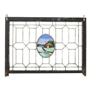 Antique Arts & Crafts Leaded & Stained Glass Window With Country Road Circa 1910