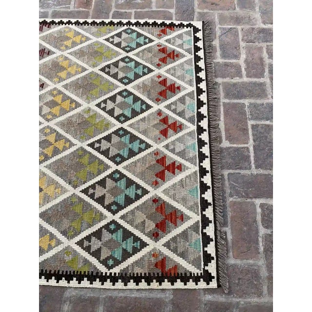 Islamic Handwoven Afghan Kilim Rug, Colorful Geometric Pattern, 5' X 6.8' For Sale - Image 3 of 8