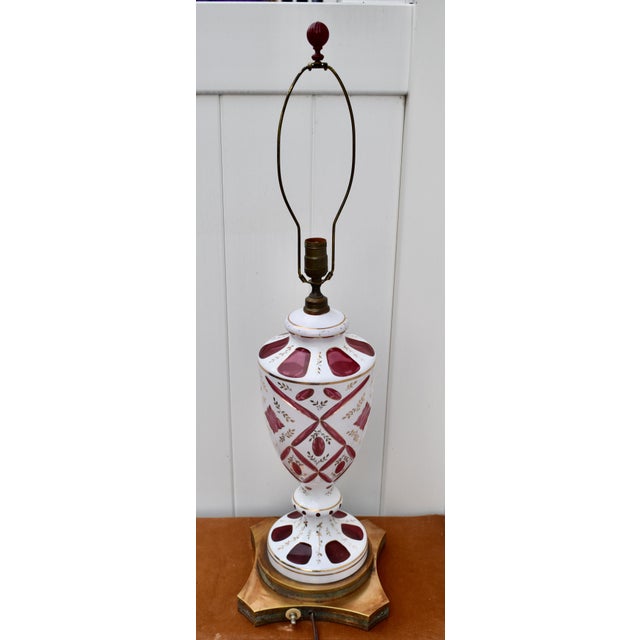 Cranberry Glass and Brass Lamp Vintage Table Bohemian Czech Hand Painted For Sale - Image 10 of 18