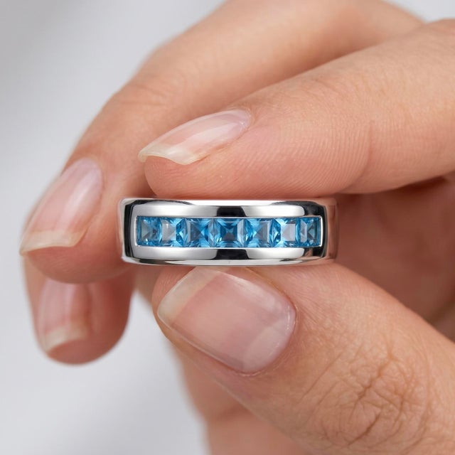 Swiss Blue Topaz Engagement Ring • Channel Set Stacking December Birthstone Ring Us 7 For Sale - Image 4 of 4