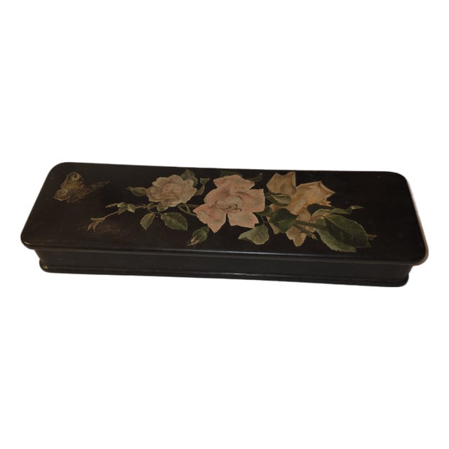 Japanese Victorian Era Lacquered Storage Box With Rose and Butterfly Details For Sale