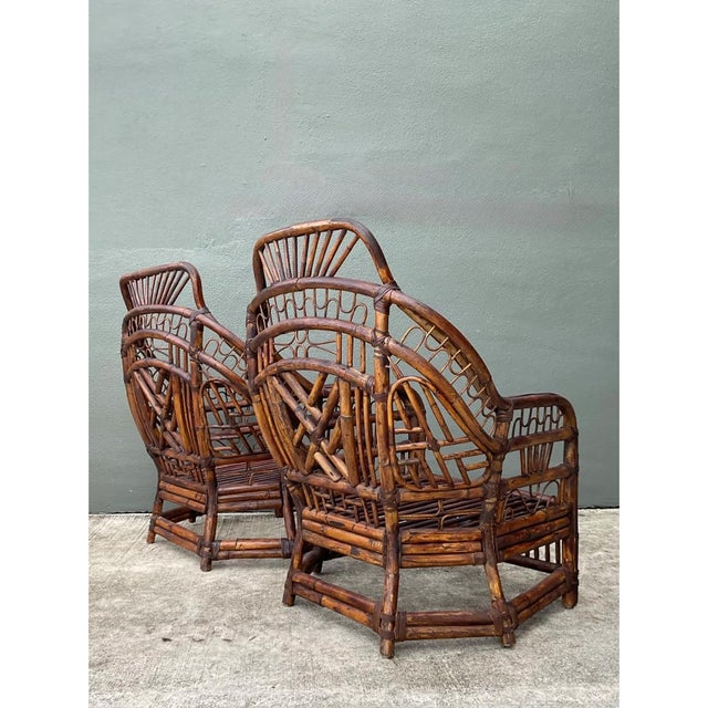Burnt Umber Vintage High Back Brighton Rattan Lounge Chairs - A Pair For Sale - Image 8 of 13