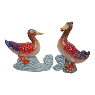Set of Two Modern Nymphenburg Large Colorful Hand-Painted Porcelain Duck Figures Terletzki Scherf Germany Pre 1975 Mark Porzellan Ente For Sale