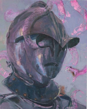 Year of Snake by Elena Burykina | Oil on panel Armor-clad figure with snakes emerging from the helmet.
