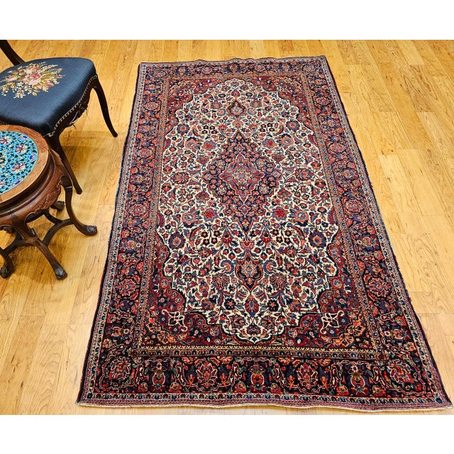 Ivory Early 20th Century Persian Kashan Rug, Hand-Knotted Wool, Floral Design, Ivory & Blue, 4x7 For Sale - Image 8 of 17