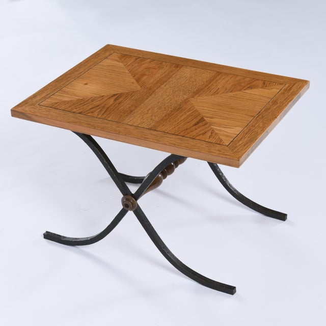 Brown Michael Taylor Style Petite Parquet Oa Side Tables With Iron X Base Swag Legs For Sale - Image 8 of 10