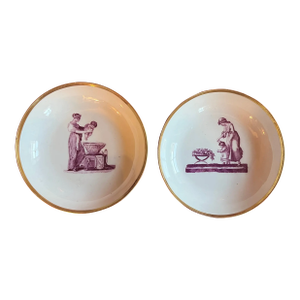 Antique 19th Century English Regency Porcelain Saucer Dishes With Adam Buck Domestic Scene in Puce Purple Circa 1810 - A Pair