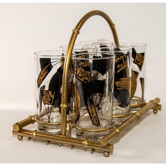 Set of Six Jules Jurgensen Black & Gold Highball Glasses in Faux Bamboo Carrier For Sale - Image 4 of 18