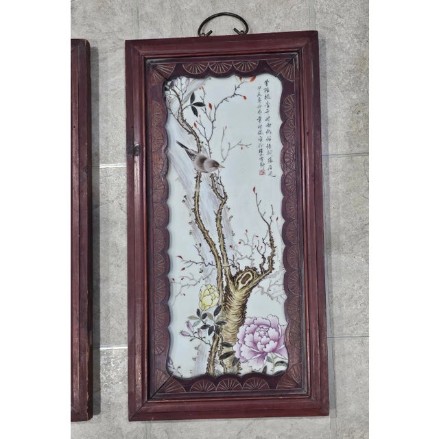 Wood Mid-Century Pair of Chinese Famille Rose Porcelain Plaques Carved Wood Frames For Sale - Image 7 of 11