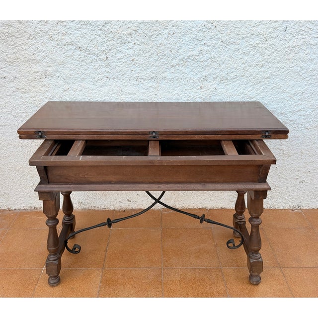 Brown Spanish Carved Wood Drop-Leaf Table with Iron Stretcher, 1940 For Sale - Image 8 of 14