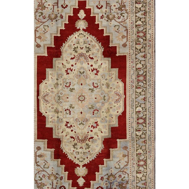Vintage Turkish Oushak Rug With Rich Red, Soft Blue, and Cream Tones For Sale In Atlanta - Image 6 of 9