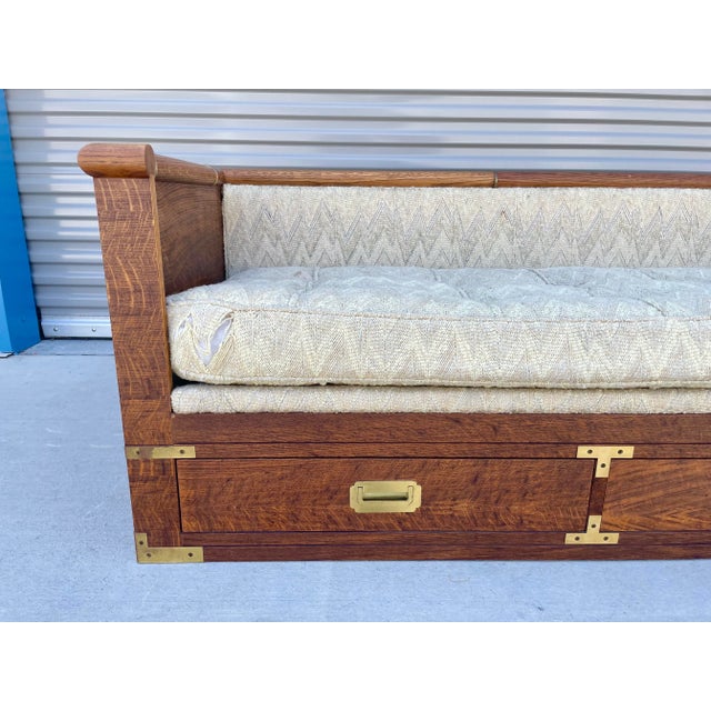 1960s Mid-Century Campaign Style Tiger Oak Daybed Sofa With Storage Drawers by Marge Carson For Sale In Los Angeles - Image 6 of 13