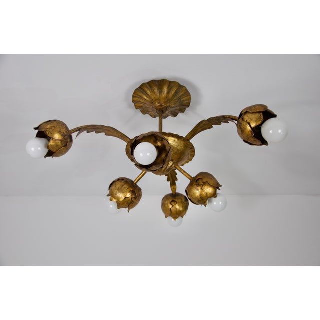 Large Golden Florentine Flower Shape Ceiling Lamp, Italy, 1970s For Sale - Image 10 of 10