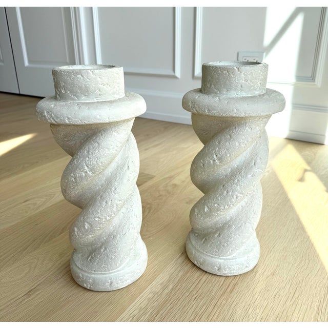 Ivory 1988 Bon Art Michael Taylor Style Spiral Plaster Candlesticks, a Pair For Sale - Image 8 of 11