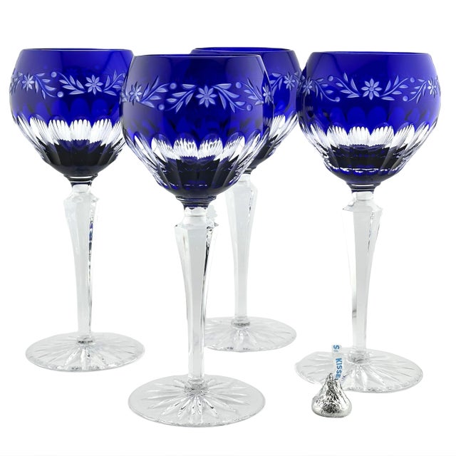 Cobalt Cut-to-Clear Wine Hocks | Set of 4 Vintage Design Guild by Ajka Hungarian Crystal For Sale