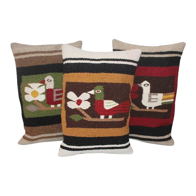 Mid 20th Century Pictorial Indian Weaving Pillows With Birds For Sale