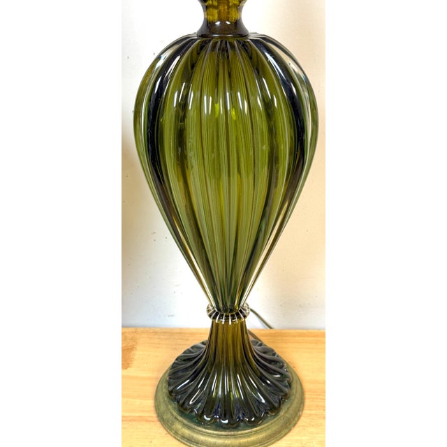 Pair of Barovier & Toso Ribbed Olive Verde Murano Glass Lamps, Circa 1955-1965 For Sale In West Palm - Image 6 of 18
