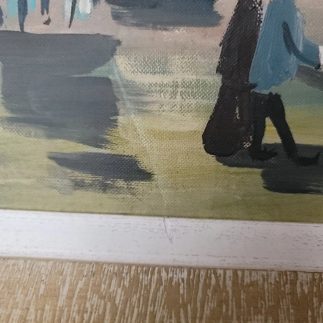 Vintage Mid Century Modern French Cityscape Oil Painting on Board Framed Signed For Sale - Image 9 of 9