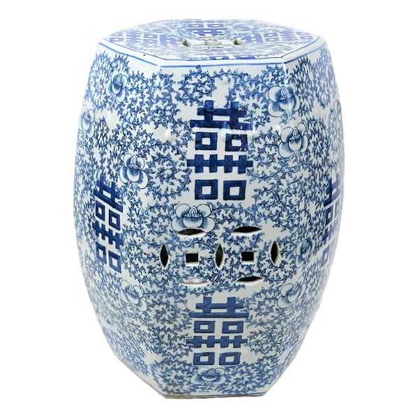 Chinoiserie Blue and White Porcelain Happiness Garden Stool For Sale
