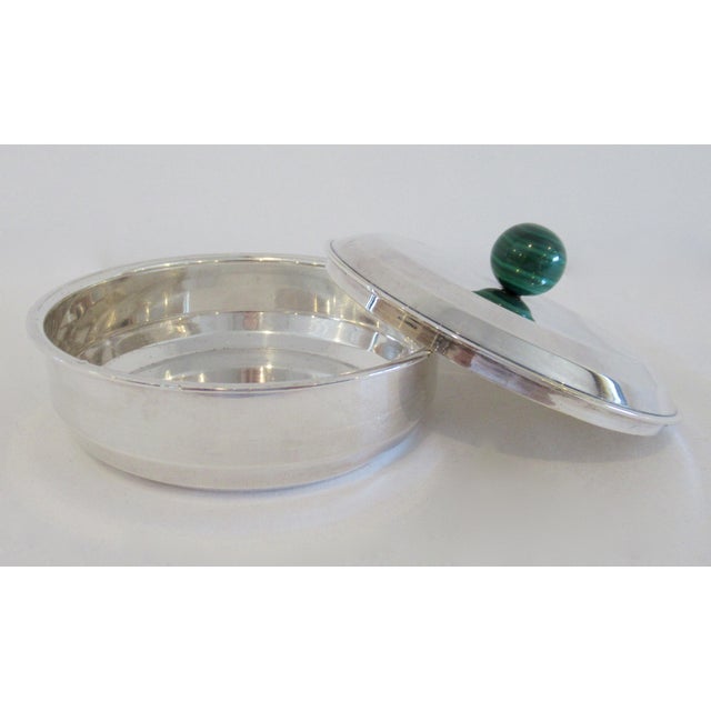 1920s Jean E. Puiforcat C.1920'a Art Deco Era Round Silver Malachite Finial Ball Handled Decorative Lidded Box For Sale - Image 5 of 9