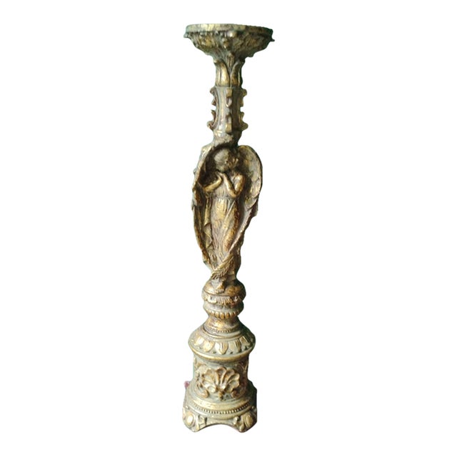 Early 20th Century Large Gilded Angel Motif Candlestick Holder For Sale