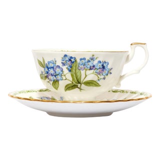 Hudson & Middleton "Flower of the Month — July" Forget-Me-Not Fine Bone China Teacup & Saucer Set, England, Est. 1875 For Sale