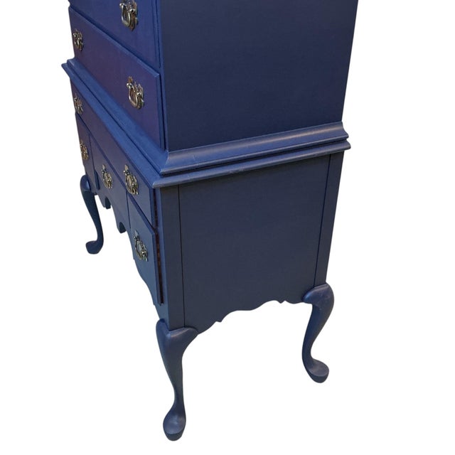 Chippendale Pennsylvania House Highboy Dresser 2 Pc 11 Drawer Annie Sloan Napoleonic Blue For Sale - Image 3 of 11
