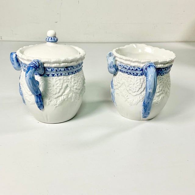 1980s 1980s Vintage Chippendale Hollywood Regency French Blue Ribbon & Bow Creamer and Covered Sugar Bowl - 2 Piece Set, After Fitz & Floyd For Sale - Image 5 of 13