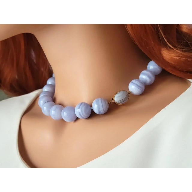 Metal Natural Blue Lace Agate Necklace, 16mm Round Beads, 17.5″ For Sale - Image 7 of 8