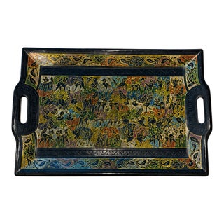 Vintage Black Folk Art Style Floral Serving Tray With Handles For Sale