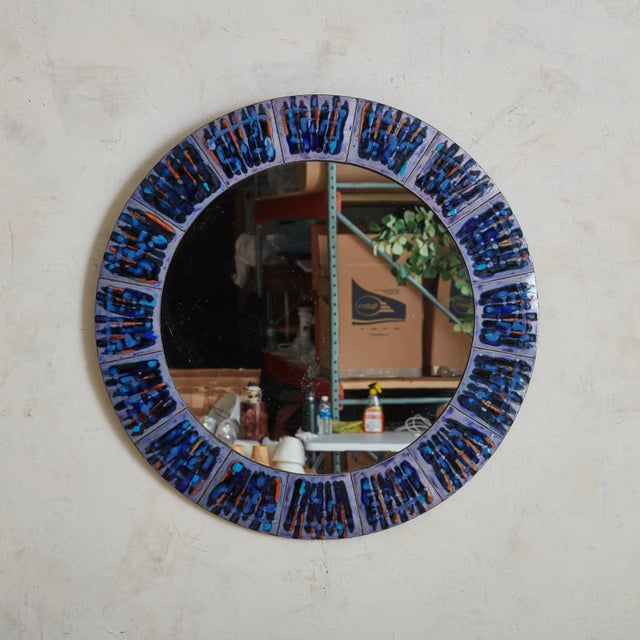 Glass 2/5 Blue Hand-Painted Enamel Mirror by Bodil Eje, Denmark 1960s For Sale - Image 7 of 10