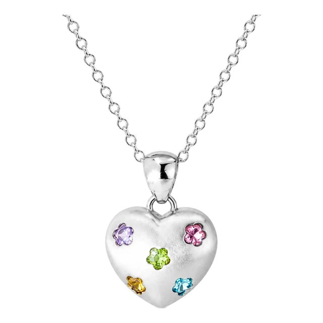 Late 20th Century 14K White Gold Floral Gemstone Heart Pendant For Sale