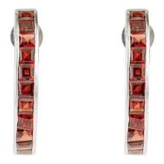 Red Garnet Channel Set Hoop Earrings in 925 Sterling Silver for Her, A Pair For Sale