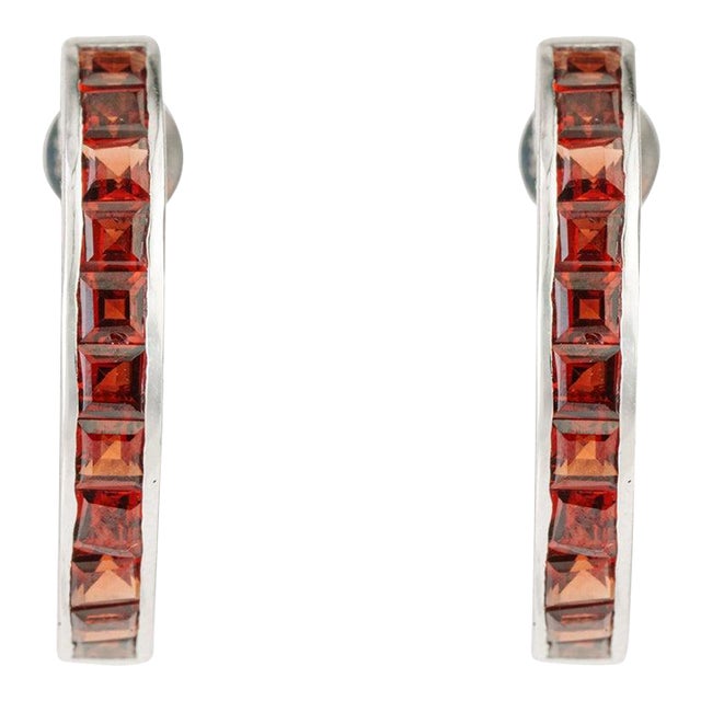Red Garnet Channel Set Hoop Earrings in 925 Sterling Silver for Her, A Pair For Sale