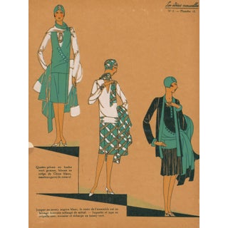 French Art Deco Pochoir Fashion Plate – Green Daywear-1920's For Sale