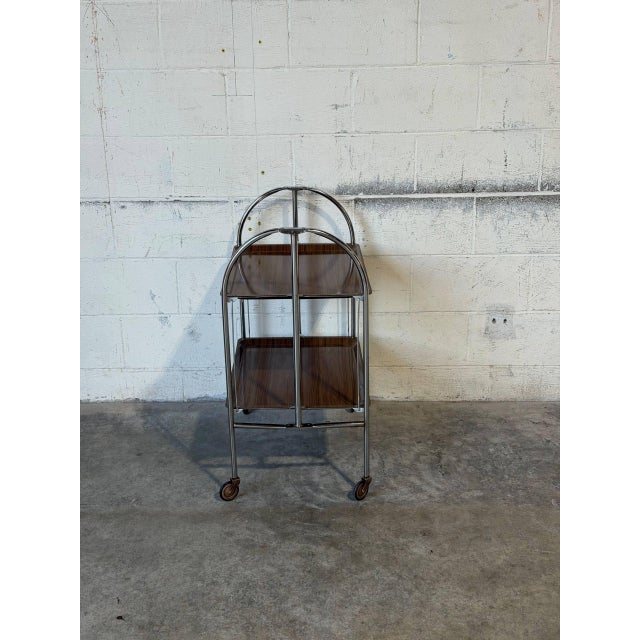 Chrome Folding Rolling Bar Cart With Wood Grain Trays Mid-Century Modern 1970s For Sale - Image 10 of 10