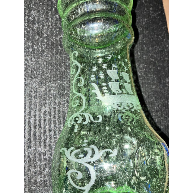 Mid-Century Modern Verrerie De Biot Vintage Hand-Blown Biot France Seeded Bubble Glass Vase With Etched Ship For Sale - Image 3 of 10