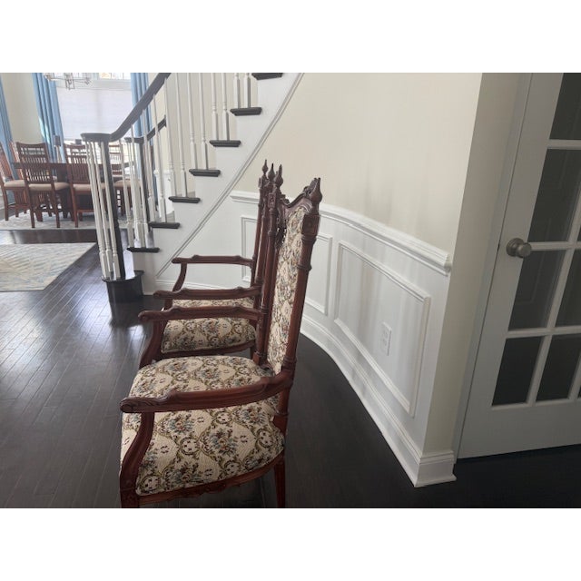 Late 19th Century 2 Antique Carved Wood Upholstered Armchairs For Sale - Image 5 of 7