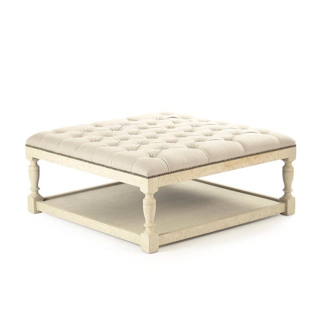 Patrice Tufted Square Ottoman - Natural Linen / Ivory Painted Frame For Sale - Image 4 of 4