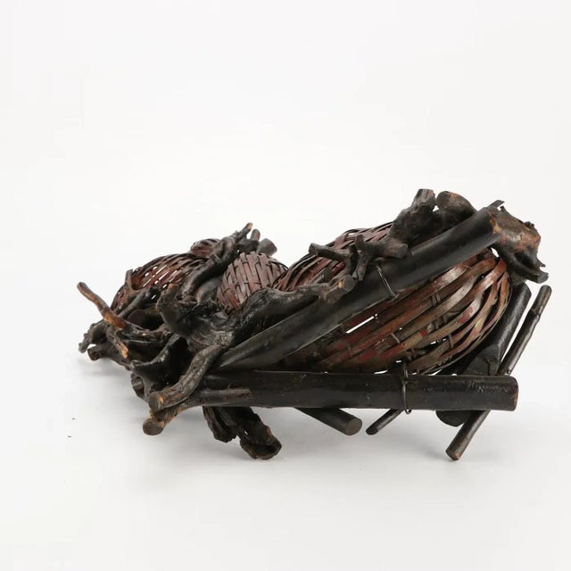 Brown Meiji Japanese Bamboo Basket Hyotan Double Gourd Ikebana Flower Vase Antique Vintage Not Signed For Sale - Image 8 of 18