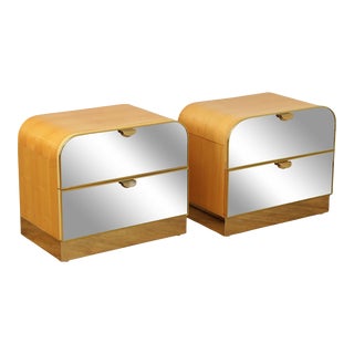 1970s American of Martinsville Modern Art Deco Style Waterfall Mirrored Front Nightstands - A Pair For Sale