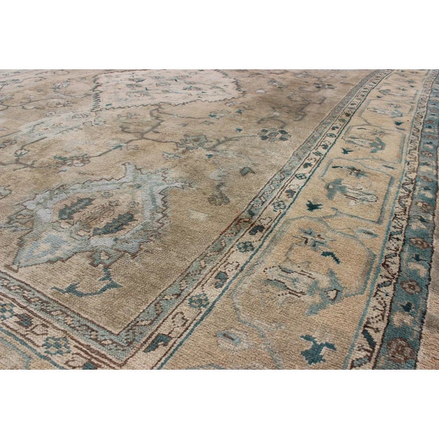 Neutral Antique Oushak Carpet in Shades of Teal, Green, Khaki, Taupe and Butter 11'4 X 14'3 For Sale In Atlanta - Image 6 of 10