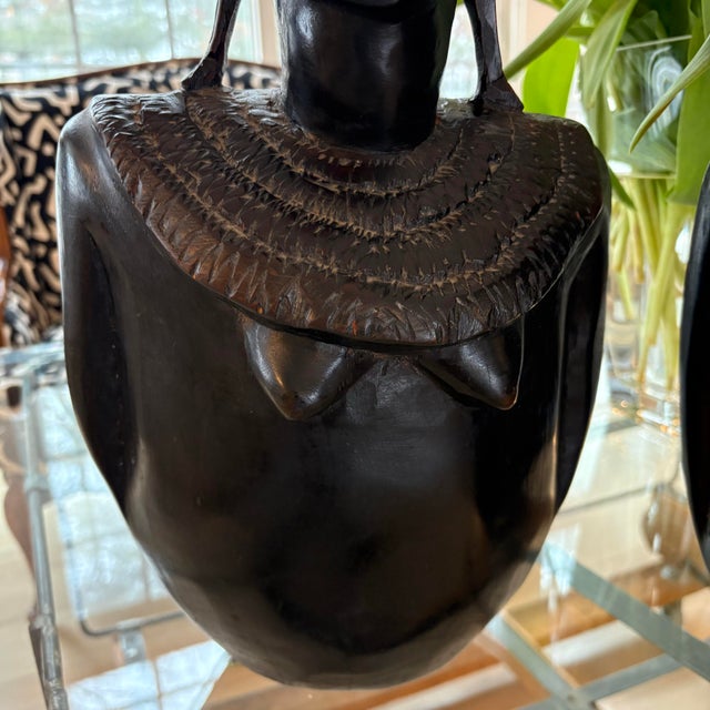 Wood Pair of Vintage African Hand-Carved Wood Bust Sculptures, Tribal Modern Style, 16 Inches For Sale - Image 7 of 12