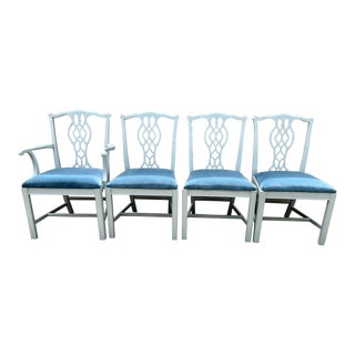 Blue Lacquered Chippendale Chairs With Blue Performance Velvet Seats- Set of 4 For Sale