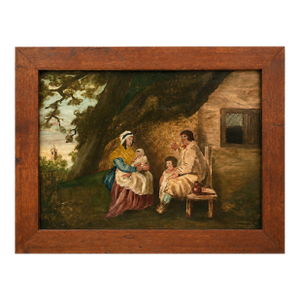 Late 19th Century George Morland Style Pastoral Family Scene Painting on Wood in Faux Wood Frame