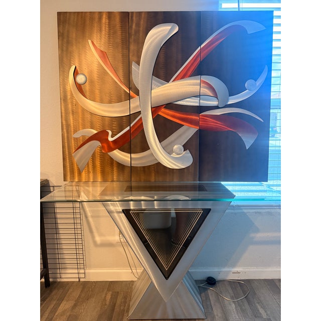 Brown 1980s Postmodern Nova Lighting "Vortex" Infinity Console Table & Matching Wall Mirror Set by Jon Gilmore - 2 Piece Statement Set For Sale - Image 8 of 8