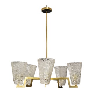Sculptural Brass and Glass Six-Arm Hanging Light Fixture For Sale